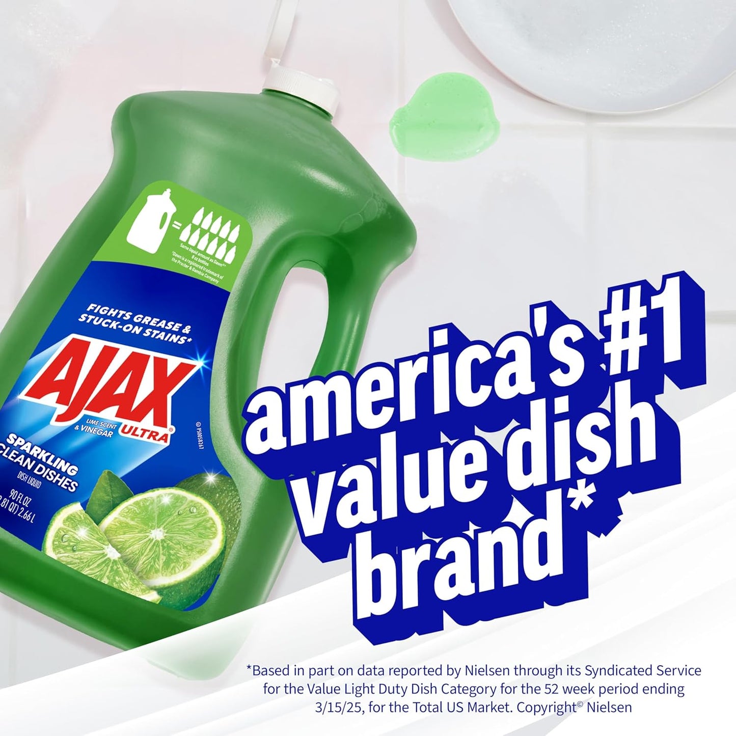 Ultra Liquid Dish Soap Vinegar and Lime Scent, Sparkling Clean Dishes, 90 Fl Oz Bottle