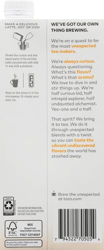 Decaf Chai Latte, Black Tea Concentrate, Easy-To-Serve Chai Tea for Everyday Lattes, Hot or Iced Tea and Mocktails, 32 Oz Tea Mix Carton