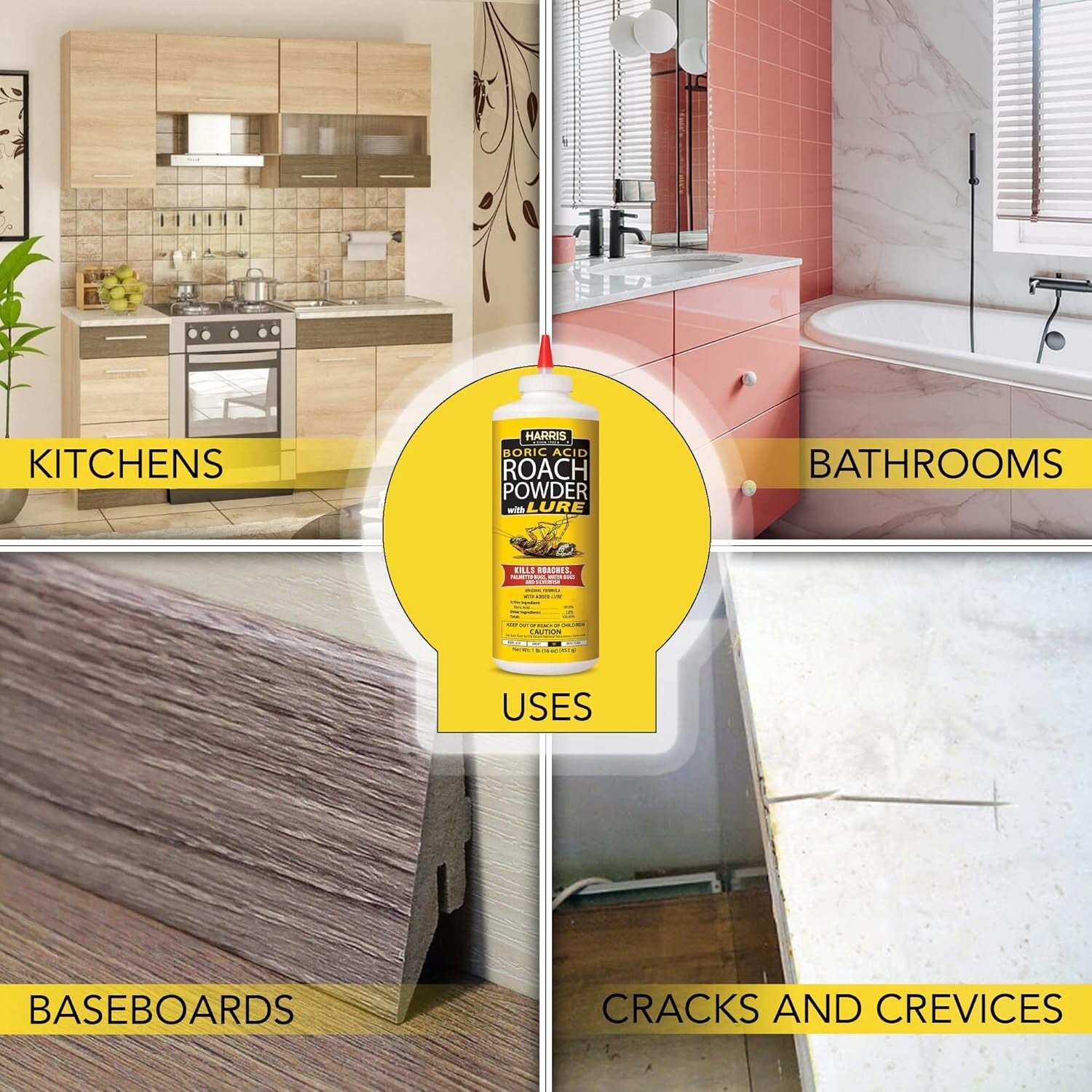 HARRIS Boric Acid Roach and Silverfish Killer Powder W/Lure for Insects (16Oz)