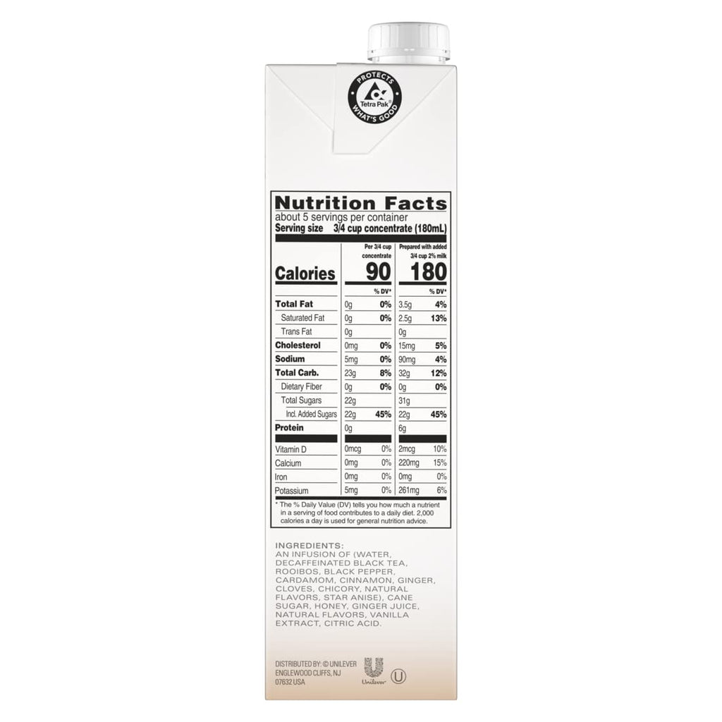 Decaf Chai Latte, Black Tea Concentrate, Easy-To-Serve Chai Tea for Everyday Lattes, Hot or Iced Tea and Mocktails, 32 Oz Tea Mix Carton