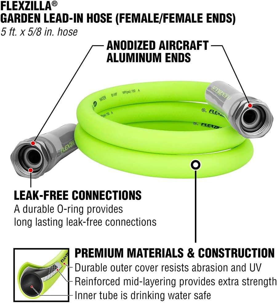 Garden Lead-In Hose, 5/8" X 5', Female/Female 3/4" - 11 1/2 GHT Fittings