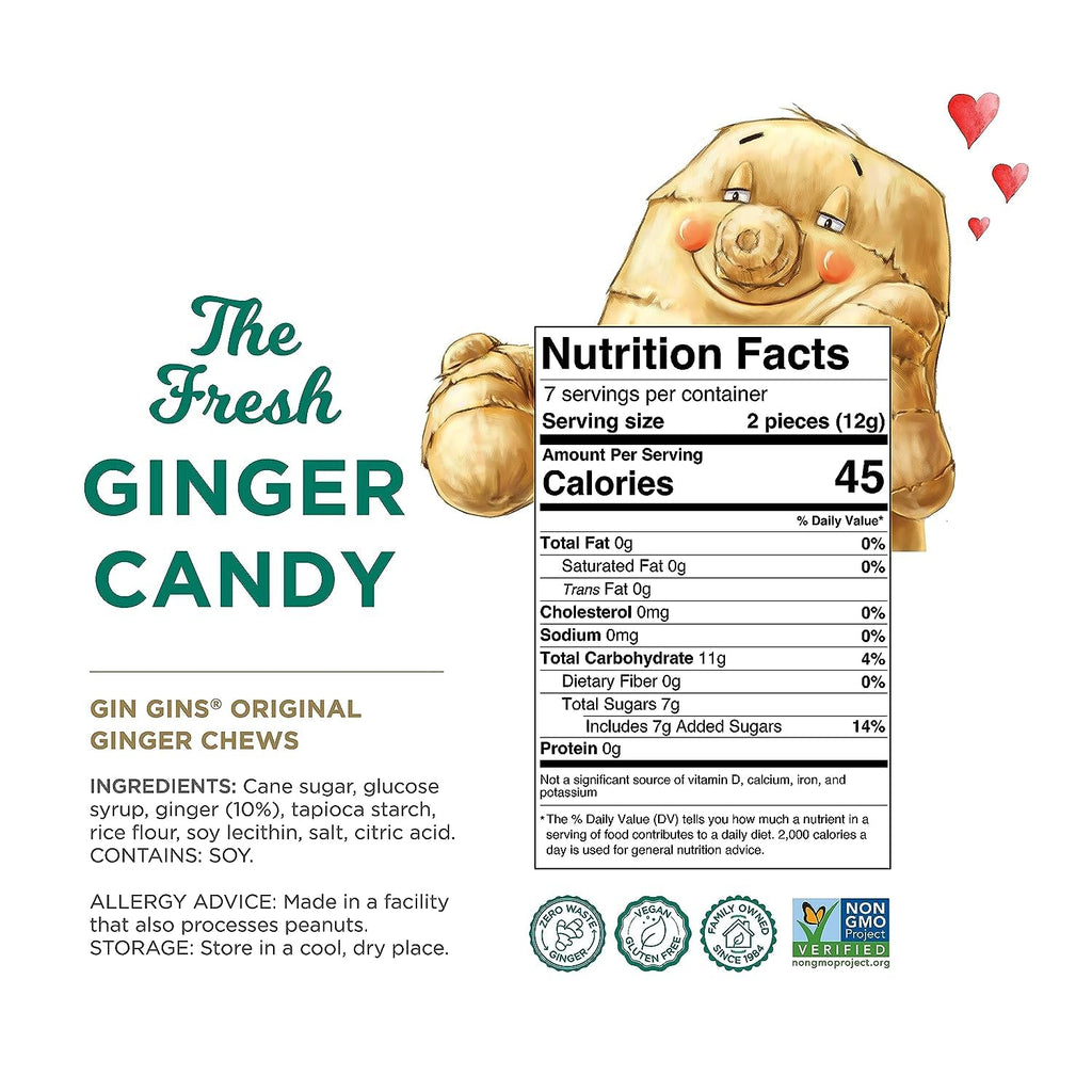 GIN GINS Original Ginger Chews – Natural Fresh Ginger Candy by  – Individually Wrapped Healthy Candy – Original Flavor – 3Oz Bag (Pack of 1)