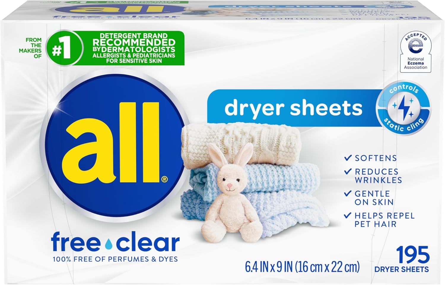 Fabric Softener Dryer Sheets for Sensitive Skin, Free Clear, 195 Count