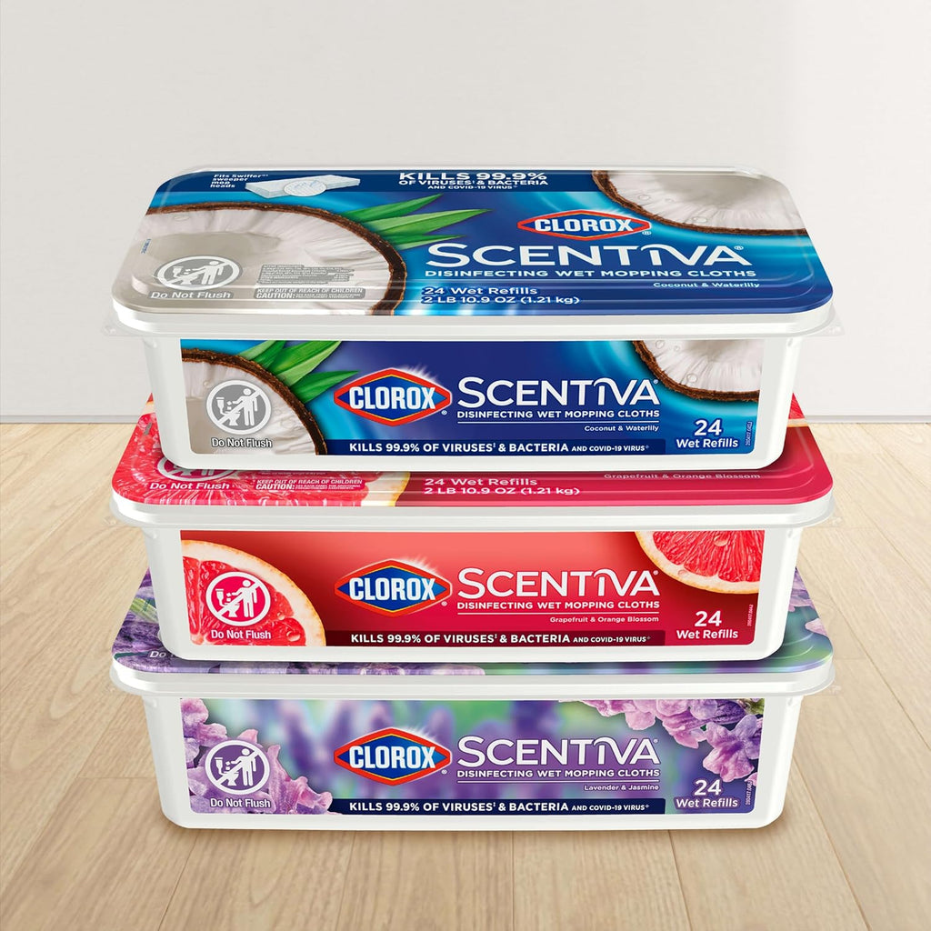 Scentiva Disinfecting Wet Mop Pad, Disposable Mop Heads, Multi-Surface Floor Wipes, Lavender and Jasmine, 2 Packs, 24 Wet Refills per Pack (Package May Vary)