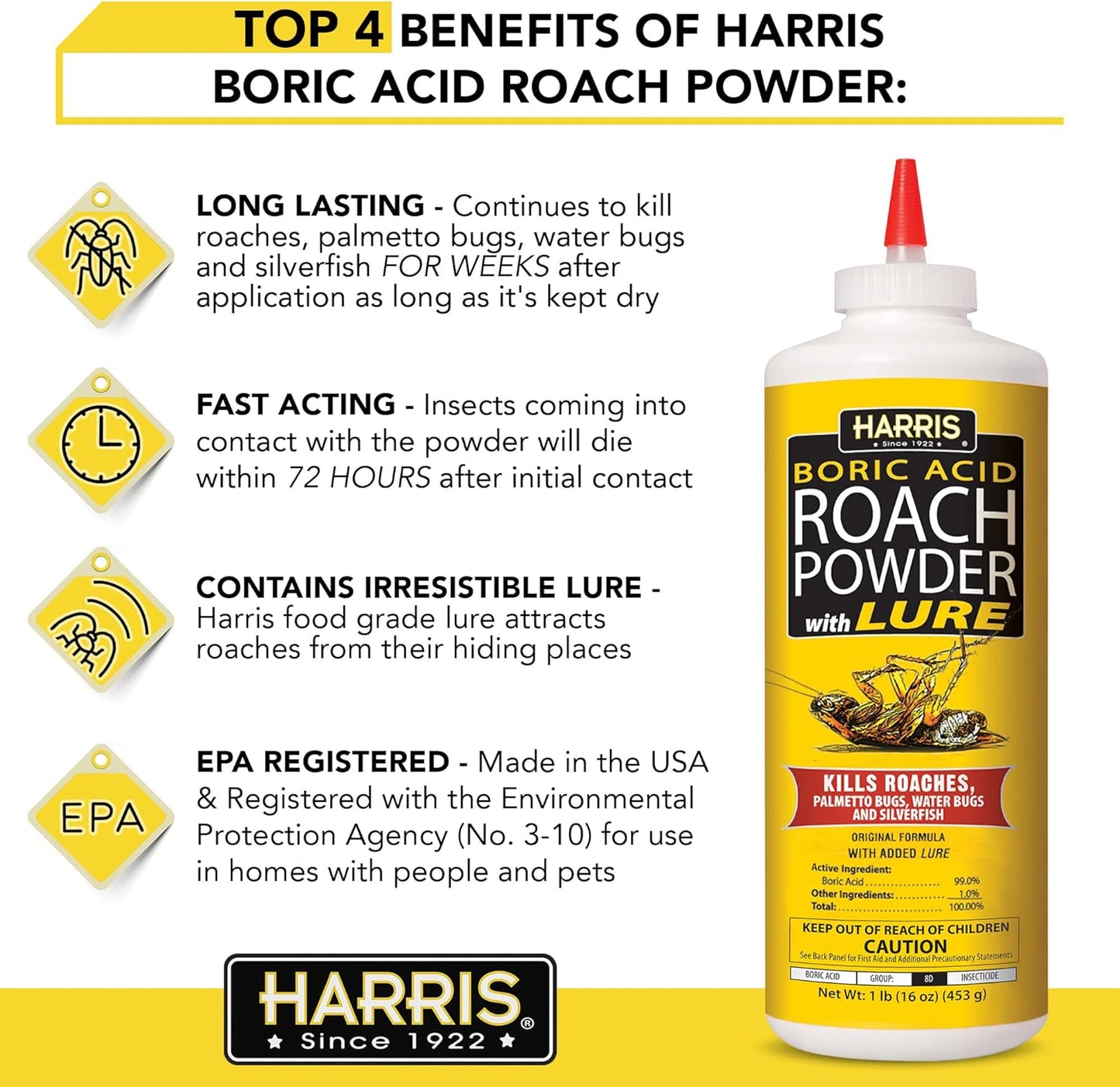 Boric Acid Roach and Silverfish Killer Powder W/Lure for Insects (16Oz)