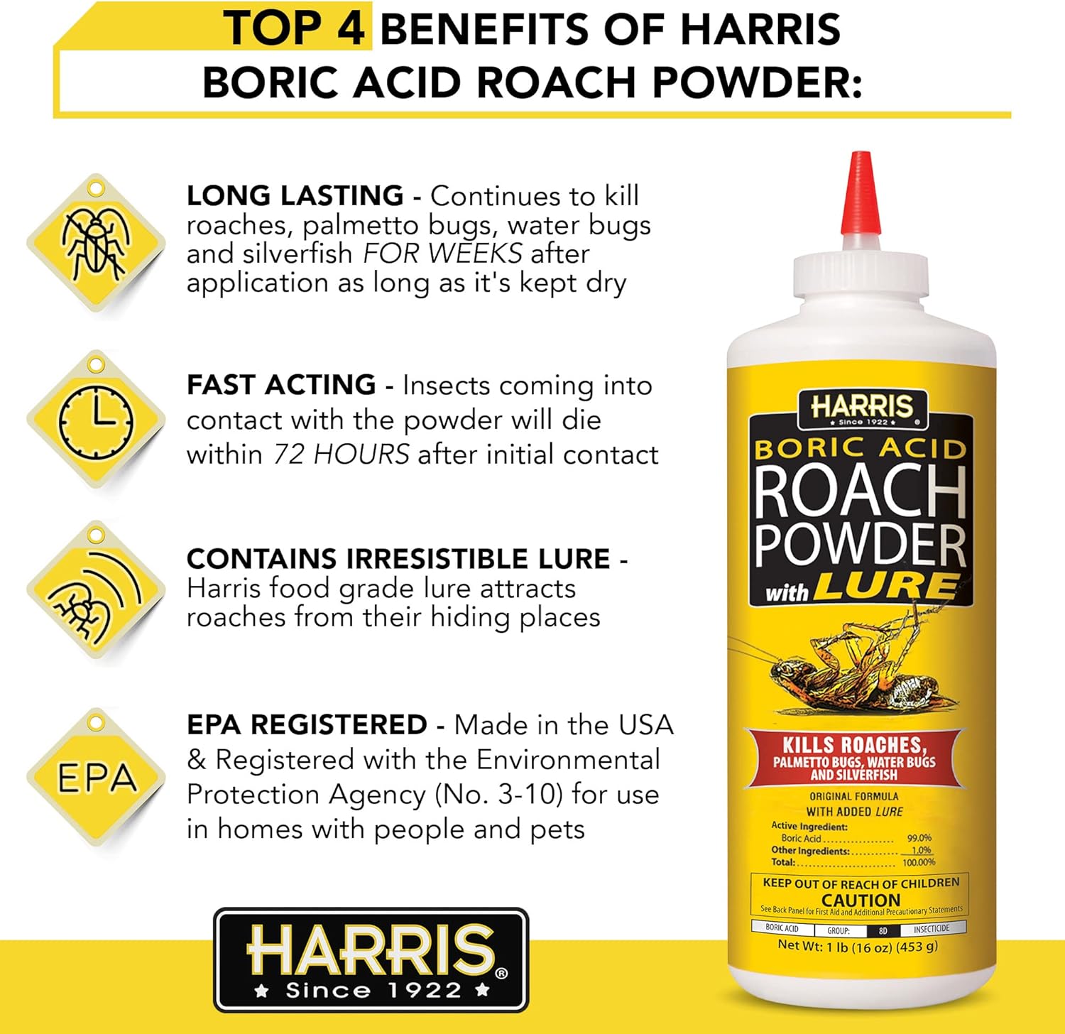 Boric Acid Roach and Silverfish Killer Powder W/Lure for Insects (16Oz)