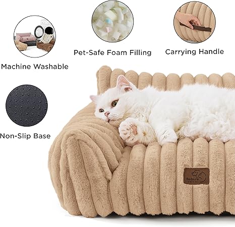 Bedsure ComfyFleece™ Cute Cat Couch for Pets - As Seen on TV on Good Day New York, Small Medium Dog Bed, Supportive Couch Bed for Small Dogs, 30 Inch, Sandy Beige