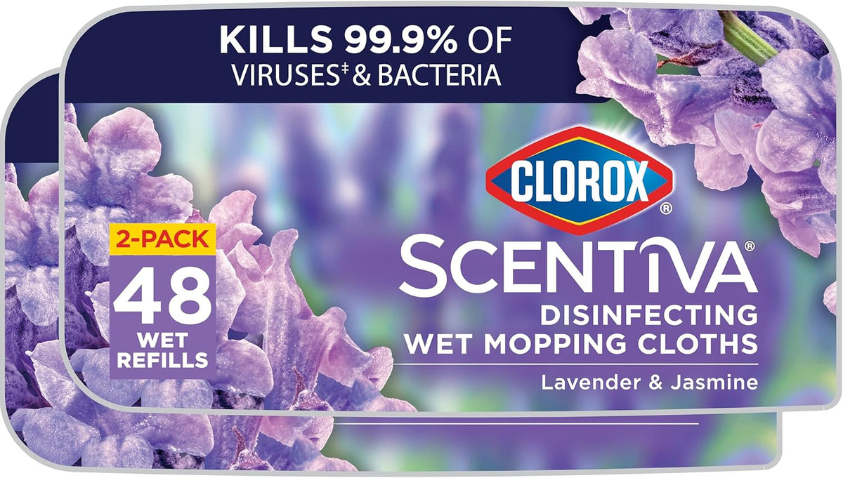 Scentiva Disinfecting Wet Mop Pad, Disposable Mop Heads, Multi-Surface Floor Wipes, Lavender and Jasmine, 2 Packs, 24 Wet Refills per Pack (Package May Vary)