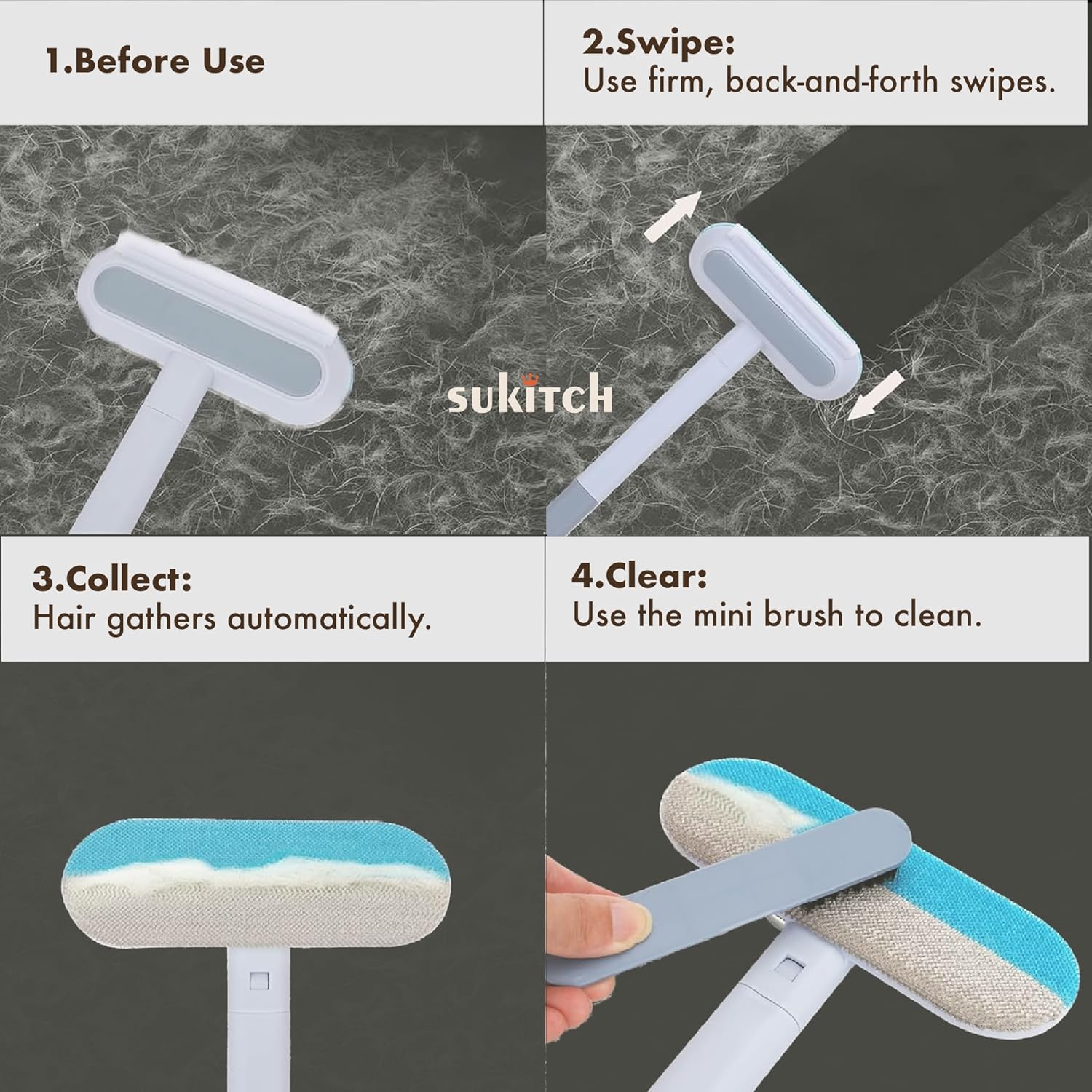 Pet Hair Remover for Couch, Grey, 17.3Inch, Durable, Reusable, Washable Lint Cleaner for Dog and Cat Hair, Gentle on Furniture, Effective on Carpets, Clothing, Bedding