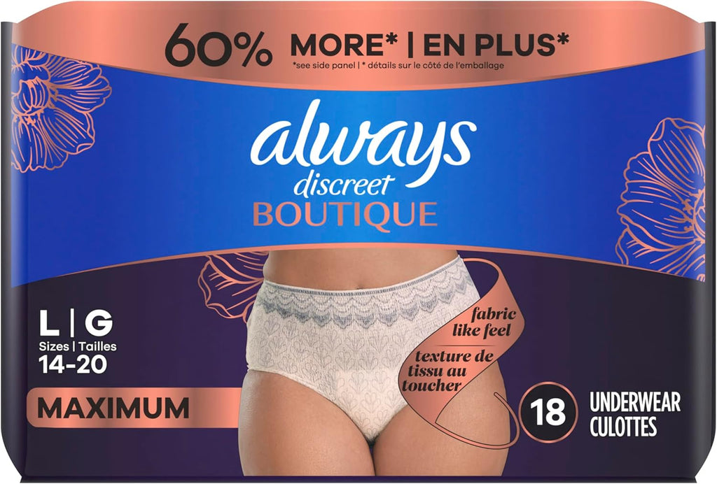 Boutique Incontinence and Postpartum Underwear for Women, Maximum Protection, Large, Rosy, 18 Count