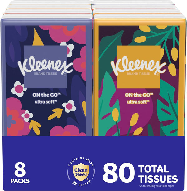 On-The-Go Facial Tissues, 8 On-The-Go Packs, 10 Tissues per Box, 3-Ply (80 Total), Packaging May Vary