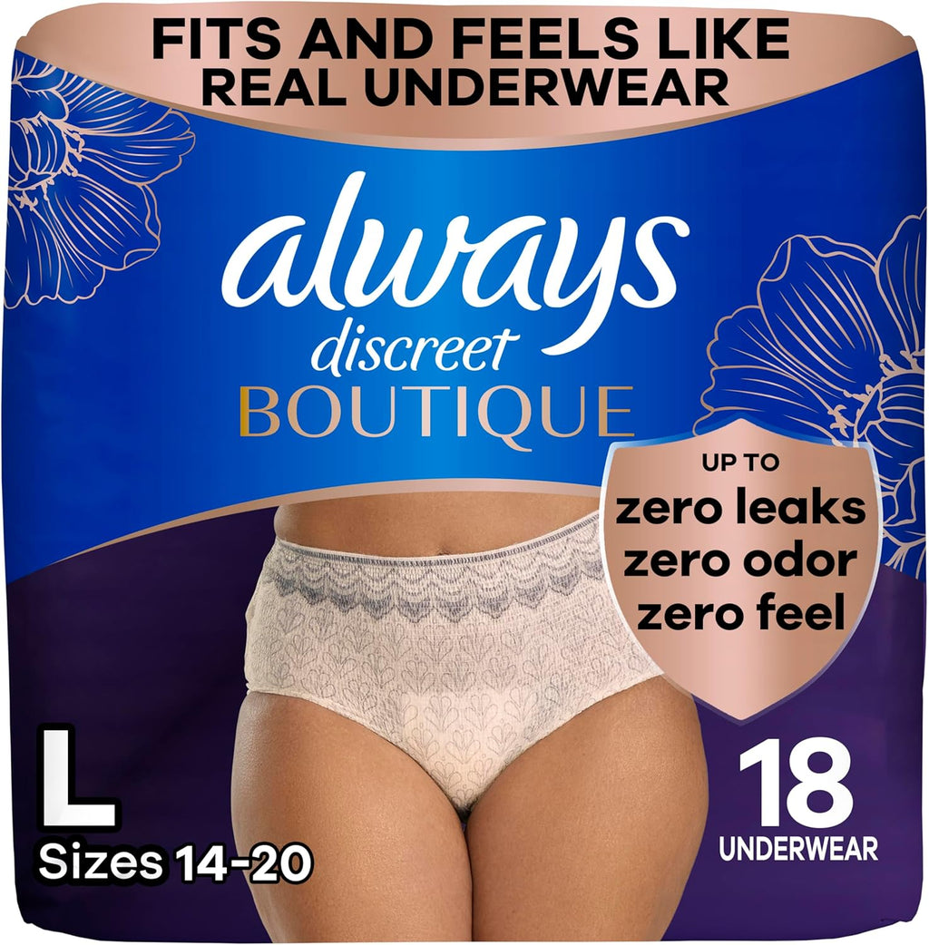 Boutique Incontinence and Postpartum Underwear for Women, Maximum Protection, Large, Rosy, 18 Count
