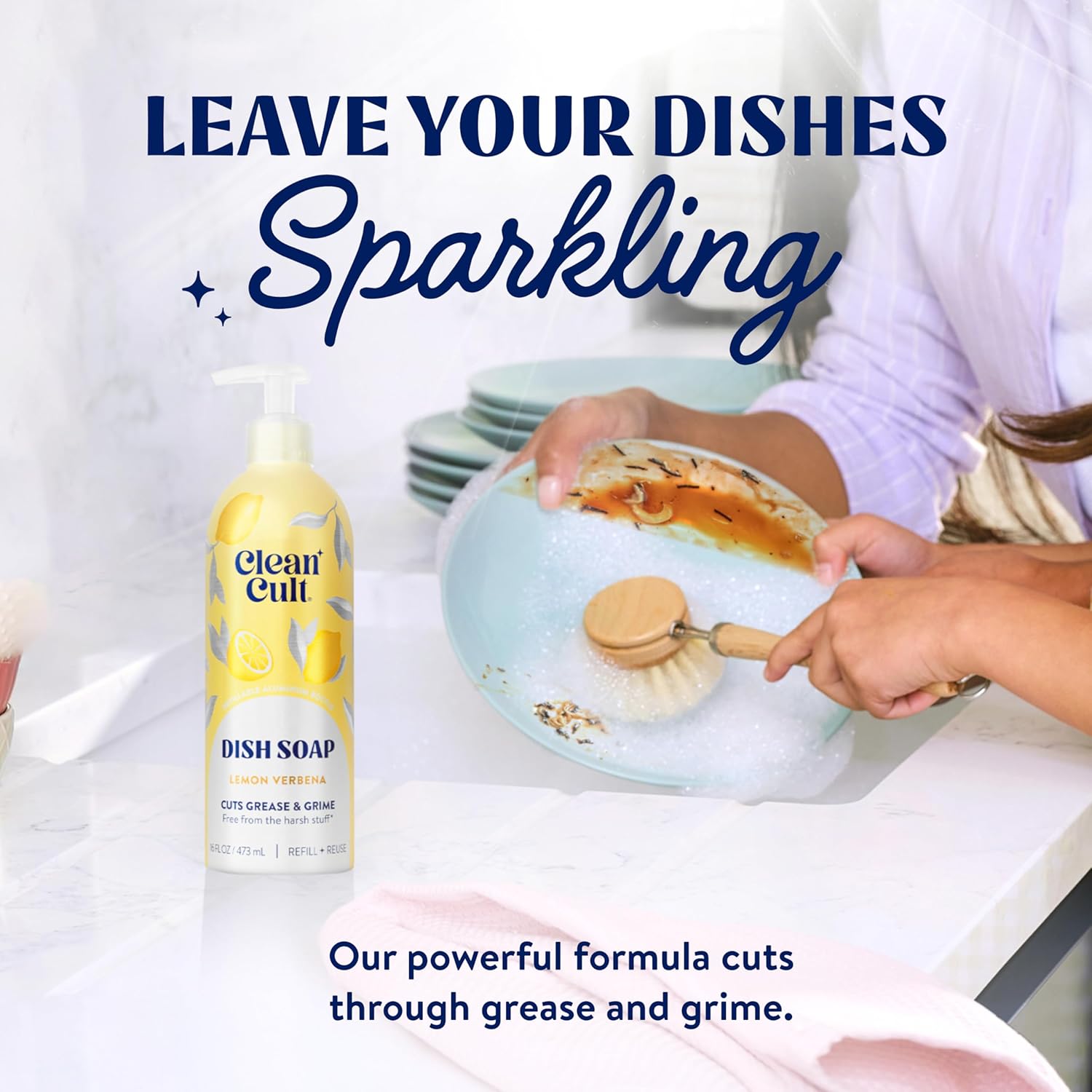 Dish Soap Liquid Refill (32Oz, 1 Pack) - Plant Based Cleaning Power - Dish Soap That Cuts Grease & Grime - Free of Harsh Chemicals - Uses 90% Less Plastic - Lemon Verbena