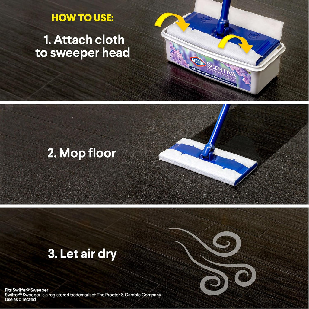 Scentiva Disinfecting Wet Mop Pad, Disposable Mop Heads, Multi-Surface Floor Wipes, Lavender and Jasmine, 2 Packs, 24 Wet Refills per Pack (Package May Vary)